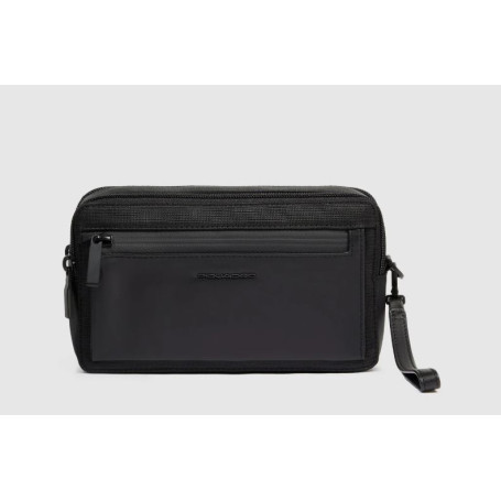 POCHETTE 2 COMPARTI IN TESSUTO E PELLE 